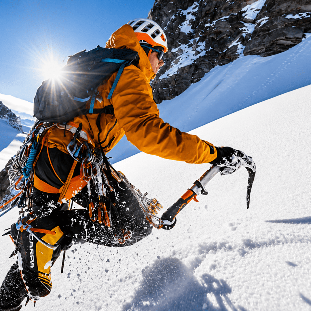 Mountaineer using ice axe on snow